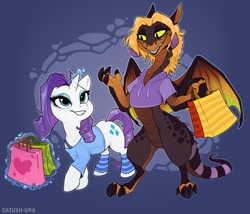 Size: 1280x1097 | Tagged: safe, artist:hattiezazu, rarity, oc, oc:zazush, dragon, pony, unicorn, abstract background, clothes, dragoness, duo, female, hoodie, leg warmers, magic, mare, shopping bags, telekinesis