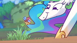 Size: 1920x1080 | Tagged: safe, artist:alumx, princess celestia, alicorn, bee, insect, pony, female, happy, hello friend (animation), mare, plant, scenery, smiling