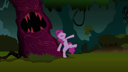 Size: 1280x720 | Tagged: safe, screencap, pinkie pie, pony, friendship is magic, everfree forest, laughter song, solo, tree