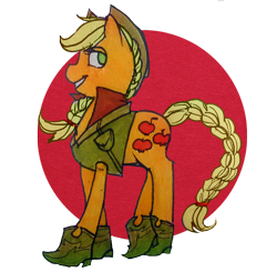 Size: 700x686 | Tagged: safe, artist:blu-red, applejack, earth pony, pony, boots, braid, braided tail, clothes, crossed legs, cutie mark, female, hair tie, hat, simple background, smiling, solo, vest