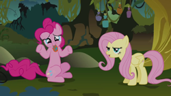 Size: 1280x720 | Tagged: safe, screencap, fluttershy, pinkie pie, earth pony, pegasus, pony, bridle gossip, everfree forest, evil enchantress, evil enchantress song, female, flutterguy, mare, spitty pie