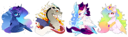 Size: 3510x1027 | Tagged: safe, artist:rossignolet, discord, princess celestia, princess luna, queen novo, alicorn, classical hippogriff, draconequus, hippogriff, pony, my little pony: the movie, bust, collar, jewelry, line-up, necklace, portrait, regalia, royal sisters, simple background, smiling, transparent background