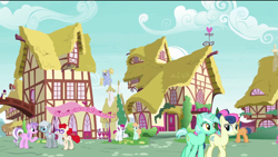 Size: 1920x1080 | Tagged: safe, edit, edited screencap, screencap, aquamarine, bon bon, boysenberry, diamond tiara, first base, little red, lyra heartstrings, peach fuzz, silver spoon, sweetie drops, twist, earth pony, pegasus, pony, unicorn, the last problem, background pony, blancmange, female, male, mare, older, older aquamarine, older bon bon, older boysenberry, older diamond tiara, older first base, older little red, older lyra heartstrings, older peach fuzz, older silver spoon, older twist, ponyville, removed eyebag edit, stallion