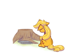 Size: 1280x931 | Tagged: safe, artist:heir-of-rick, applejack, earth pony, pony, applejack's parents, floppy ears, gravestone, missing accessory, sad, sitting, solo, tree stump