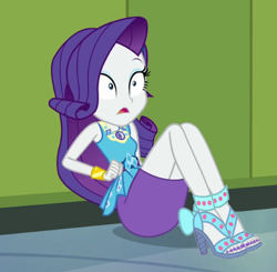 Size: 490x480 | Tagged: safe, edit, edited screencap, screencap, rarity, better together, equestria girls, clothes, cropped, female, geode of shielding, hallway, high heels, legs, lockers, magical geodes, miniskirt, nail polish, open-toed shoes, pencil skirt, sandals, shocked, shoes, skirt, toenail polish