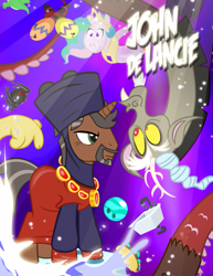 Size: 773x1000 | Tagged: safe, artist:pixelkitties, discord, princess celestia, alicorn, draconequus, pony, spider, bowling ball, food, john de lancie, pixelkitties' brilliant autograph media artwork, ponified, q, sink, taco, upside down, voice actor