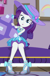 Size: 480x732 | Tagged: safe, edit, edited screencap, screencap, rarity, camping must-haves, equestria girls, equestria girls series, spoiler:eqg series (season 2), :o, clothes, cropped, cute, female, geode of shielding, hat, high heels, legs, magical geodes, nail polish, open mouth, open-toed shoes, pencil skirt, pillow, raribetes, rarity's bedroom, sandals, sexy, shoes, sitting, skirt, solo, toenail polish