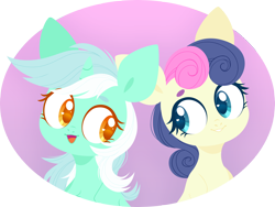 Size: 5000x3768 | Tagged: safe, artist:belka-sempai, bon bon, lyra heartstrings, sweetie drops, earth pony, pony, unicorn, bust, duo, female, looking at each other, looking sideways, mare, smiling