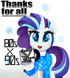 Size: 2500x2777 | Tagged: safe, artist:theretroart88, rarity, pony, unicorn, 80s, alternate hair color, clothes, ear piercing, hoof hold, looking at you, piercing, record, sequins, solo