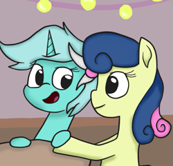 Size: 601x580 | Tagged: safe, bon bon, lyra heartstrings, sweetie drops, earth pony, pony, unicorn, canon ship, female, lesbian, lights, lyrabon, shipping, table