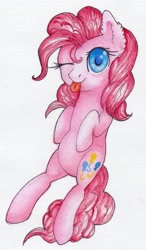 Size: 2000x3416 | Tagged: safe, artist:0okami-0ni, pinkie pie, earth pony, pony, colored pupils, high res, one eye closed, smiling, solo, tongue out, traditional art, watercolor painting, wink