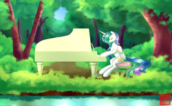 Size: 1800x1110 | Tagged: safe, artist:darksprings, princess celestia, alicorn, pony, forest, piano, solo, water