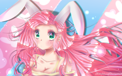 Size: 1920x1188 | Tagged: safe, artist:xkittyblue, fluttershy, human, breasts, bunny ears, bust, cleavage, clothes, female, humanized, looking at you, solo
