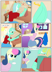 Size: 1596x2196 | Tagged: safe, artist:necrofeline, bon bon, lyra heartstrings, sweetie drops, anthro, comic:the booty trap 4, series:the booty trap, breasts, butt expansion, comic, growth