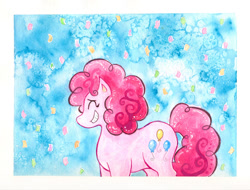 Size: 998x760 | Tagged: safe, artist:kaikaku, pinkie pie, pony, confetti, eyes closed, grin, profile, smiling, solo, traditional art, watercolor painting