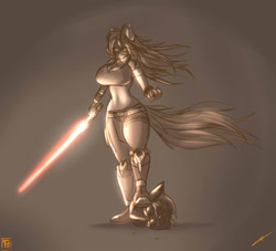 Size: 1280x1164 | Tagged: safe, artist:thedrunkcoyote, oc, oc only, oc:amber steel, anthro, unicorn, big breasts, breasts, darth vader, female, helmet, huge breasts, lightsaber, monochrome, solo, star wars, weapon