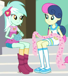 Size: 690x770 | Tagged: safe, screencap, bon bon, lyra heartstrings, sweetie drops, better together, equestria girls, a queen of clubs, adorabon, cropped, cute, duo, duo female, female, headband, knitting, knitting needles, looking at each other, lyrabetes, sitting, smiling, steps