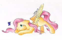 Size: 1943x1266 | Tagged: safe, artist:coffytacotuesday, fluttershy, butterfly, pegasus, pony, solo, traditional art