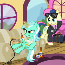 Size: 3200x3200 | Tagged: safe, artist:cheezedoodle96, bon bon, lyra heartstrings, sweetie drops, earth pony, pony, unicorn, .svg available, alcohol, beer, beer bottle, bon bon is not amused, briefcase, clothes, concentrating, female, get a job, glowing horn, horn, lazy, lesbian, lyrabon, magic, mare, married couple, married life, necktie, nintendo entertainment system, pabst blue ribbon, ponyville, rug, s.m.i.l.e., secret agent sweetie drops, shipping, shirt, show accurate, sitting, sofa, suit, sunglasses, svg, tanktop, telekinesis, tongue out, unamused, vector, video game, window