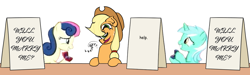 Size: 1190x358 | Tagged: safe, artist:mkogwheel edits, edit, applejack, bon bon, lyra heartstrings, sweetie drops, earth pony, pony, unicorn, apple, applejack's hat, applejack's sign, cowboy hat, cute, distorted, female, food, hat, help, howdy, lesbian, lyrabon, mare, marriage proposal, meme, ring, shipping, sign, wedding ring