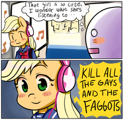 Size: 2000x1940 | Tagged: safe, artist:coinpo, applejack, anthro, anime, bigotjack, bigotry, blushing, clothes, comic, headphones, headset, homophobia, meme, mike david, music, music notes, open mouth, postitsketchdump, red bar radio, sailor uniform, school uniform, slur, thought bubble, vulgar