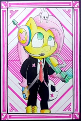 Size: 2208x3312 | Tagged: safe, artist:mustachedbain, angel bunny, fluttershy, anthro, arm hooves, clothes, female, gun, headset, looking up, mare, necktie, pants, payday, shirt, solo, suit, weapon