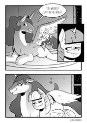 Size: 1280x1811 | Tagged: safe, artist:raph13th, princess celestia, twilight sparkle, twilight sparkle (alicorn), alicorn, pony, comic:glim glam and pals, comic, dialogue, eyes closed, female, grayscale, lesbian, monochrome, shipping, speech bubble, twilestia, wavy mouth