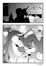 Size: 1280x1811 | Tagged: safe, artist:raph13th, princess celestia, twilight sparkle, twilight sparkle (alicorn), alicorn, pony, comic:glim glam and pals, comic, eyes closed, female, fireplace, grayscale, hug, lesbian, monochrome, shipping, touching face, twilestia, winghug