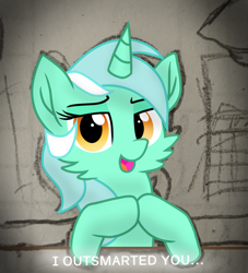 Size: 981x1080 | Tagged: safe, artist:rainbow eevee, lyra heartstrings, pony, unicorn, cheek fluff, drawing, female, gendo pose, lidded eyes, looking at you, mare, outsmart, solo, speech