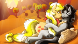 Size: 3840x2160 | Tagged: safe, artist:ciderpunk, artist:zuruck, derpibooru exclusive, applejack, oc, oc:coldbrewcoffee, earth pony, pony, canon x oc, couple, hug, shipping, sunset