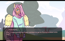 Size: 2000x1266 | Tagged: safe, artist:alvrexadpot, fluttershy, human, blushing, clothes, dark skin, dating sim, eared humanization, female, hijab, humanized, islam, islamashy, purse, solo, tail, tailed humanization, text, winged humanization, wings