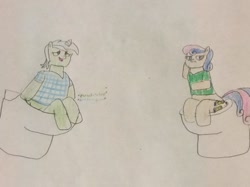 Size: 1280x956 | Tagged: safe, artist:snipiper, bon bon, lyra heartstrings, sweetie drops, earth pony, pony, unicorn, but why, fart, female, poop, pooping, toilet, traditional art