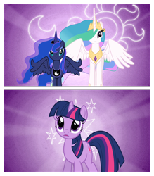 Size: 1344x1536 | Tagged: safe, screencap, princess celestia, princess luna, twilight sparkle, unicorn twilight, alicorn, pony, unicorn, season 3, the crystal empire, crystal empire, cutie mark, cutie mark background, female, moon, purple background, royal sisters, shiny, simple background, sisters, stars, sun