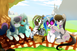 Size: 1500x1000 | Tagged: safe, artist:si1vr, bon bon, dj pon-3, lyra heartstrings, octavia melody, sweetie drops, vinyl scratch, oc, oc:jack hyperfreak, earth pony, pony, zebra, canterlot, female, lesbian, lyrabon, picnic, picnic blanket, shipping, tree, zebra oc