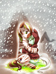 Size: 974x1280 | Tagged: safe, artist:si1vr, lyra heartstrings, oc, oc:jack hyperfreak, zebra, canon x oc, clothes, hoodie, shipping, snow, winter