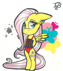 Size: 1024x1162 | Tagged: safe, artist:tillie-tmb, fluttershy, pegasus, pony, bipedal, breasts, chibi, clothes, cute, delicious flat chest, female, flattershy, heart eyes, looking at you, looking sideways, mare, one-piece swimsuit, shyabetes, solo, swimsuit, traditional art, wingding eyes, wings