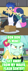 Size: 460x1167 | Tagged: safe, edit, edited screencap, screencap, bon bon, flash sentry, lyra heartstrings, sweetie drops, all's fair in love and friendship games, equestria girls, friendship games, blushing, female, jealous, lesbian, lyrabon, meme, oven mitts, shipping, waifu, waifu thief