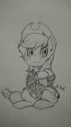 Size: 720x1280 | Tagged: safe, artist:i am nude, applejack, earth pony, pony, clothes, cute, grayscale, jackabetes, monochrome, plaid, playing with hair, shirt, solo, traditional art