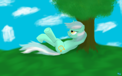 Size: 800x500 | Tagged: safe, artist:quint-t-w, lyra heartstrings, pony, cloud, crossed legs, dexterous hooves, lidded eyes, old art, on back, sky, solo, tree