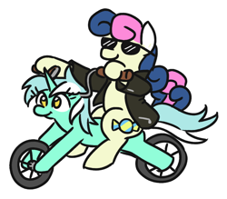 Size: 756x663 | Tagged: safe, artist:jargon scott, bon bon, lyra heartstrings, sweetie drops, earth pony, pony, unicorn, clothes, glasses, grand theft auto, gta san andreas, jacket, leather jacket, motorcycle, ponies riding ponies, riding, wat