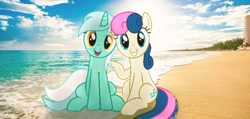 Size: 1296x617 | Tagged: safe, artist:indonesiarailroadpht, bon bon, lyra heartstrings, sweetie drops, earth pony, pony, unicorn, beach, female, lesbian, lyrabon, shipping