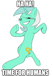 Size: 402x568 | Tagged: safe, anonymous artist, lyra heartstrings, /mlp/, 4chan, caption, colored, drawthread, funny, grin, humie, image macro, meme, no tail, ponified meme, simple background, smiling, solo, subverted meme, text, that pony sure does love humans, upright