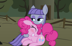 Size: 2304x1490 | Tagged: safe, artist:ponygoggles, artist:slb94, maud pie, pinkie pie, earth pony, pony, blushing, cuddling, hug, smiling, when she smiles