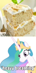 Size: 400x800 | Tagged: safe, artist:koeper, princess celestia, alicorn, pony, banana, bananalestia, cake, cakelestia, exploitable meme, female, food, heavy breathing, mare, meme, simple background, solo, transparent background, vector