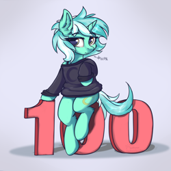 Size: 2800x2800 | Tagged: safe, artist:lakunae, lyra heartstrings, pony, semi-anthro, unicorn, 100, clothes, congratulations, cute, cyrillic, female, mare, messy mane, meta, simple background, sitting, sitting lyra, sweater, twitter