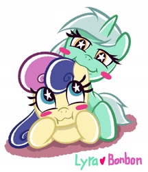 Size: 2126x2455 | Tagged: safe, artist:garammasara, bon bon, lyra heartstrings, sweetie drops, pony, female, lesbian, lyrabon, nom, prone, shipping, starry eyes, wingding eyes