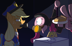 Size: 1920x1234 | Tagged: safe, artist:zanefir-dran, applejack, pinkie pie, earth pony, pony, apple, apple pie, burglar, caught, flashlight (object), food, newbie artist training grounds, pie, pinkie spy, security officer