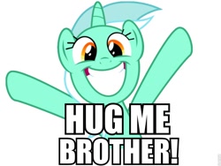 Size: 960x720 | Tagged: safe, edit, lyra heartstrings, pony, unicorn, caption, cute, drake & josh, female, happy, hug me brother!, hug request, image macro, lyrabetes, mare, meme, reference, simple background, talking to viewer, text, white background