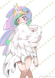 Size: 970x1379 | Tagged: safe, artist:twilightglimmer, princess celestia, human, alicorn humanization, blushing, crown, female, horned humanization, humanized, jewelry, regalia, solo, winged humanization, wings