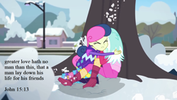 Size: 1280x720 | Tagged: safe, edit, edited screencap, screencap, bon bon, lyra heartstrings, sweetie drops, better together, equestria girls, holidays unwrapped, bible verse, hug, melodrama, melodramatic, overdramatic, protecting, quote, religion, saving private ryan, snowball fight, text, text edit, tree, you know for kids